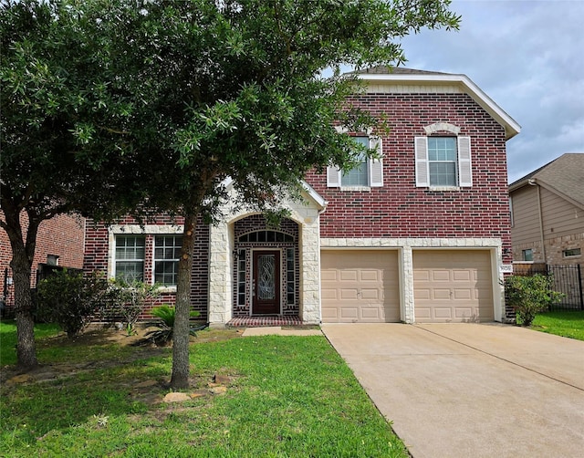 traditional home featuring fence, stone siding, a garage, brick siding, and driveway