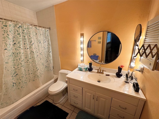 full bathroom featuring tile patterned flooring, shower / tub combo with curtain, toilet, and vanity