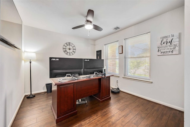 15334 Forest Creek Farms Dr, Cypress, TX 77429 - office with dark wood finished floors, baseboards, and a ceiling fan