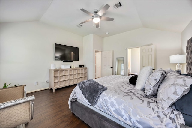 15334 Forest Creek Farms Dr, Cypress, TX 77429 - bedroom featuring vaulted ceiling, dark wood-type flooring, a ceiling fan, and baseboards
