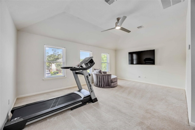 15334 Forest Creek Farms Dr, Cypress, TX 77429 - exercise area with vaulted ceiling, carpet flooring, a ceiling fan, and baseboards