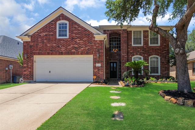traditional home with concrete driveway, brick siding, and a front lawn