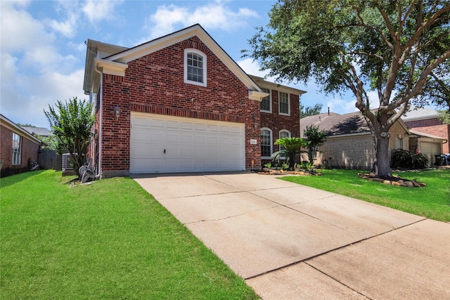 traditional home with a front lawn, brick siding, driveway, and a garage