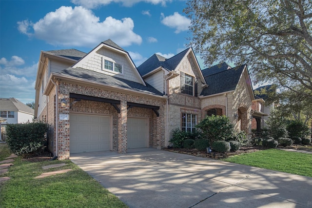 view of front of house featuring an attached garage, a shingled roof, driveway, and brick siding