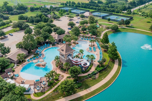 drone / aerial view with a water view