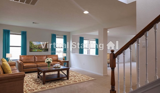 2702 Urban Glen Ct, Houston, TX 77038 - carpeted living area with stairs, baseboards, and recessed lighting