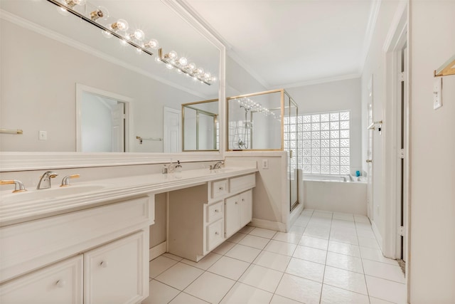 bathroom featuring tile patterned flooring, a sink, a stall shower, and ornamental molding