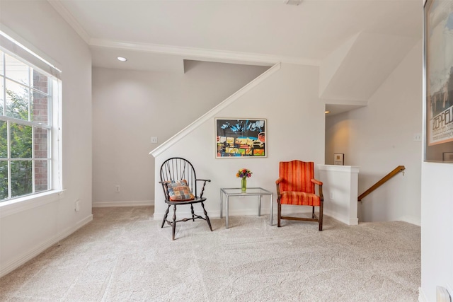 1202 Joe Annie St, Houston, TX 77019 - living area with baseboards, carpet flooring, an upstairs landing, and recessed lighting