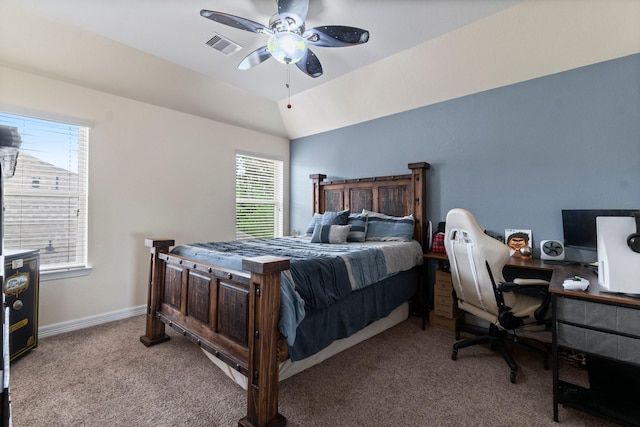 bedroom featuring ceiling fan, visible vents, baseboards, lofted ceiling, and carpet flooring