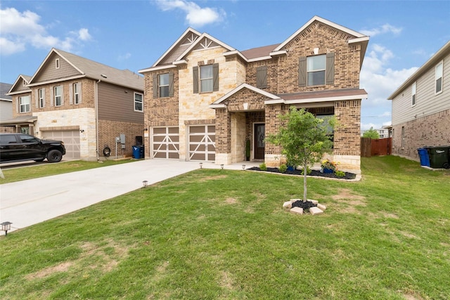 view of front of home with driveway, a garage, brick siding, fence, and a front lawn