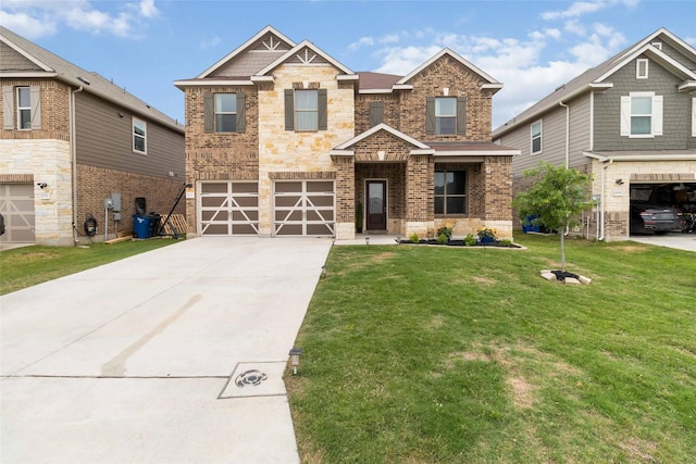 craftsman house featuring an attached garage, concrete driveway, a front lawn, and brick siding