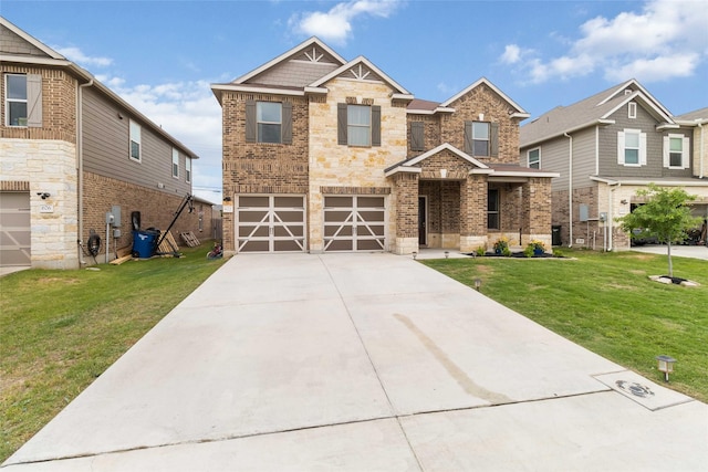 view of front of property with an attached garage, a front yard, driveway, and brick siding
