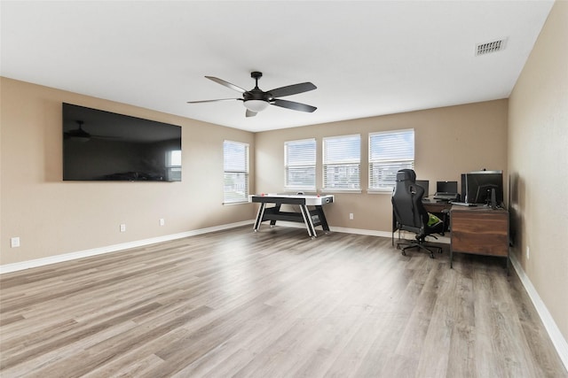 home office featuring visible vents, a ceiling fan, light wood finished floors, and a healthy amount of sunlight