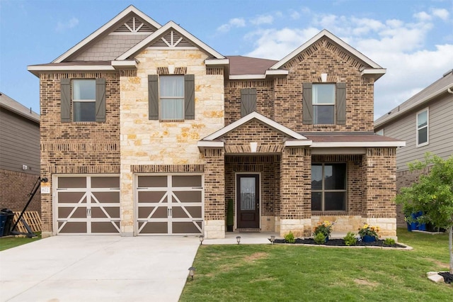 672 Valley Gdn, New Braunfels, TX 78130 - craftsman-style house featuring an attached garage, stone siding, brick siding, driveway, and a front yard