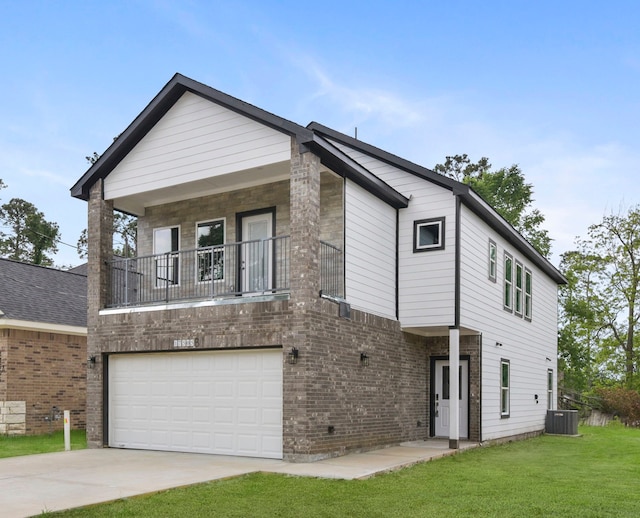 view of front of house featuring a front lawn, a balcony, cooling unit, brick siding, and an attached garage