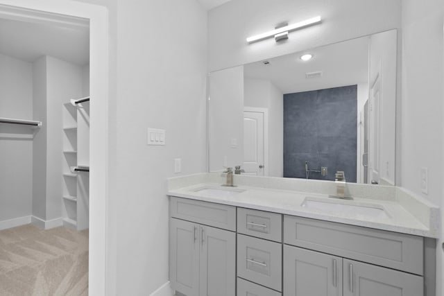 full bath with baseboards, a sink, double vanity, and a spacious closet
