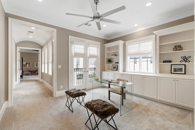 home office featuring plenty of natural light, light carpet, a ceiling fan, and recessed lighting