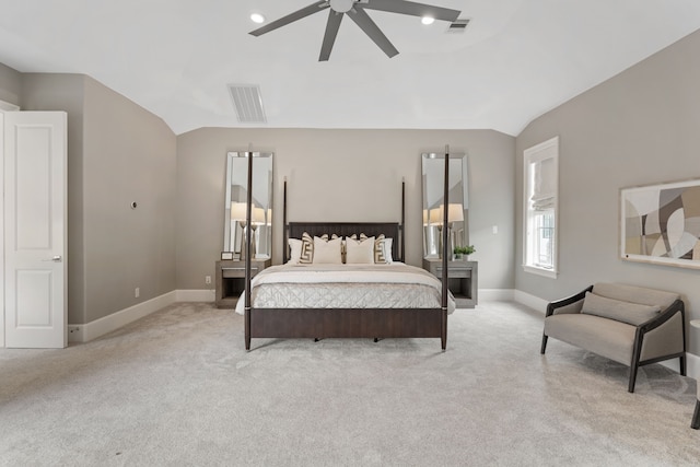 bedroom featuring visible vents, baseboards, and vaulted ceiling