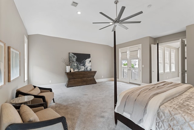 bedroom with light colored carpet, visible vents, baseboards, lofted ceiling, and access to outside
