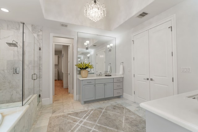bathroom with a shower stall, a closet, marble finish floor, and visible vents