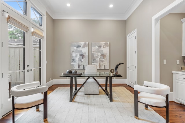 office area with crown molding, recessed lighting, french doors, and light wood finished floors