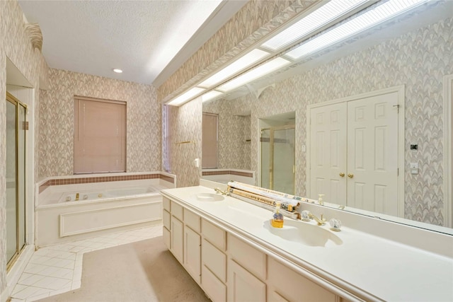 full bathroom with wallpapered walls, tile patterned floors, a stall shower, a textured ceiling, and a bath