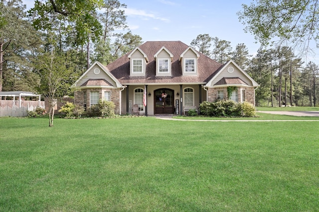 view of front of property with fence, a porch, roof with shingles, and a front yard