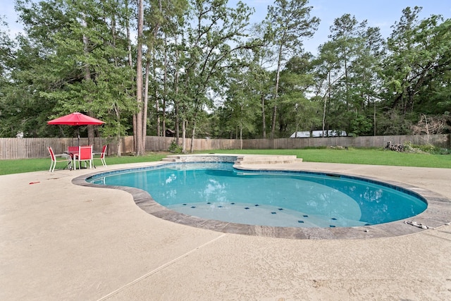 view of pool with a yard, a fenced in pool, a fenced backyard, and a patio area
