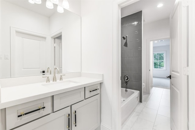 full bath featuring vanity, toilet, marble finish floor, recessed lighting, and bathing tub / shower combination