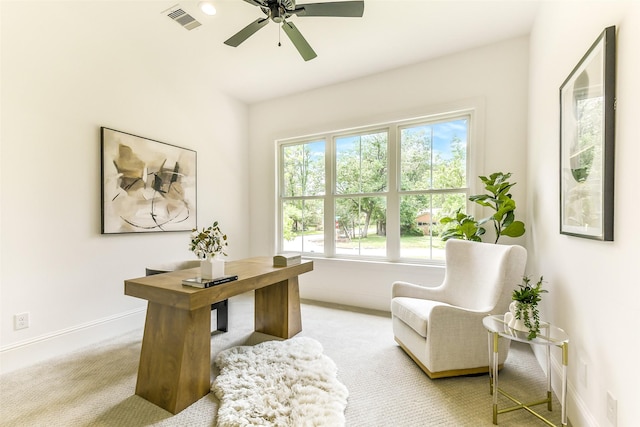 office space with visible vents, light carpet, and plenty of natural light