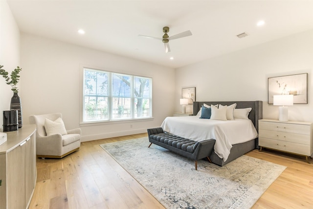 bedroom featuring recessed lighting, a ceiling fan, light wood-type flooring, and visible vents