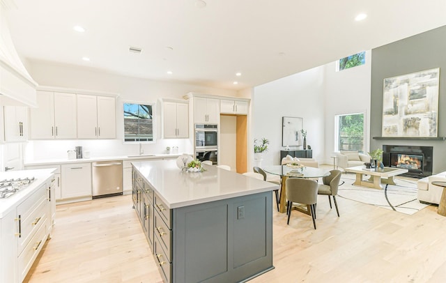 kitchen featuring gray cabinetry, white cabinets, stainless steel appliances, and a wealth of natural light
