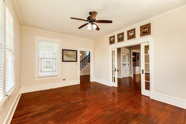spare room with french doors, a ceiling fan, hardwood / wood-style flooring, and ornamental molding
