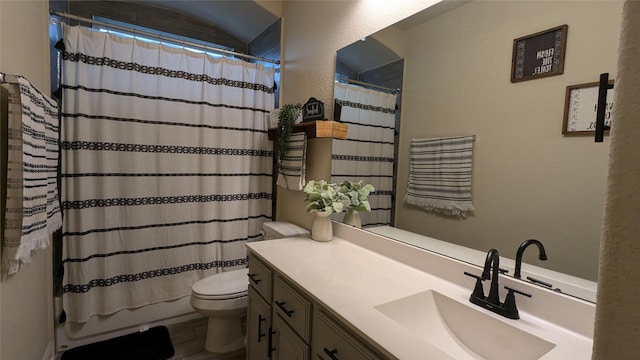 12813 Narrow Cove Dr, Texas City, TX 77568 - bathroom with vanity, toilet, and shower / bathtub combination with curtain