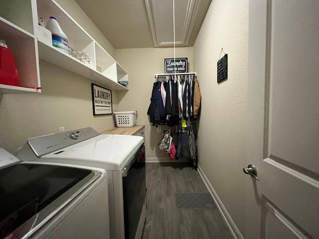 12813 Narrow Cove Dr, Texas City, TX 77568 - laundry room featuring washer and clothes dryer, wood finished floors, attic access, and baseboards