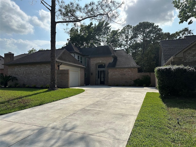 french country home with an attached garage, concrete driveway, a front lawn, and brick siding