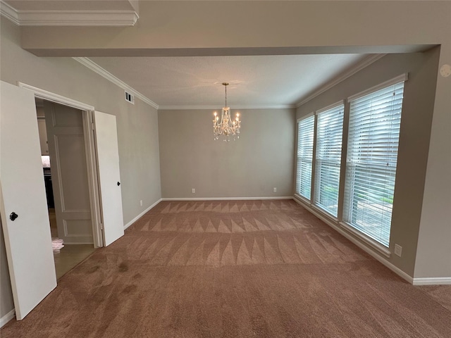 unfurnished dining area featuring carpet flooring, an inviting chandelier, baseboards, visible vents, and ornamental molding