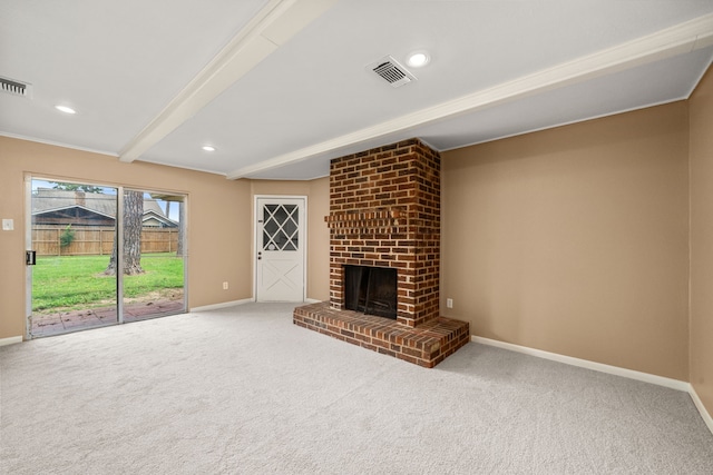 2022 Willow Wisp Ln, Spring, TX 77388 - unfurnished living room with carpet, baseboards, beamed ceiling, and visible vents