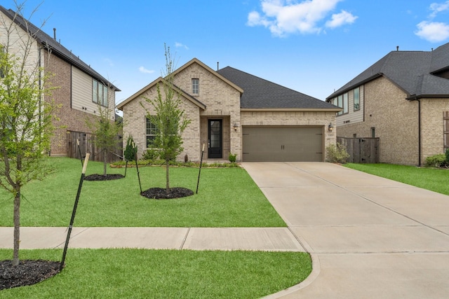 french provincial home featuring a garage, fence, a front yard, brick siding, and concrete driveway