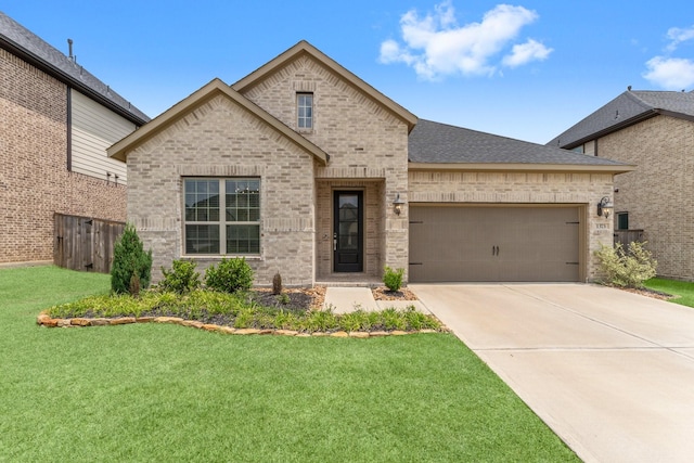 french provincial home featuring brick siding, a front lawn, an attached garage, and concrete driveway