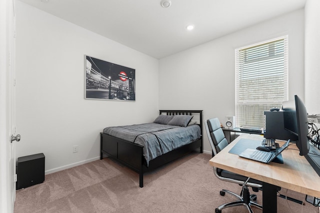 bedroom with recessed lighting, baseboards, and carpet