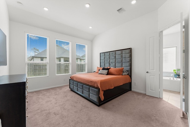 carpeted bedroom featuring baseboards, recessed lighting, and visible vents