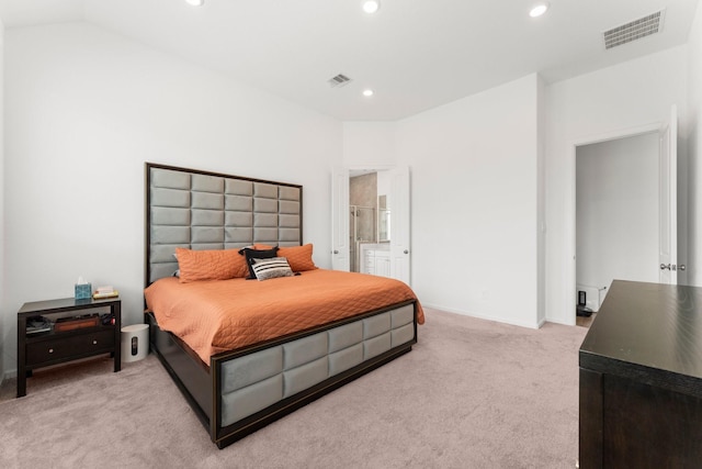 bedroom with light colored carpet, baseboards, visible vents, and recessed lighting