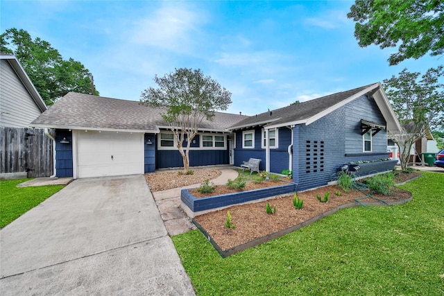 4926 Nina Lee Ln, Houston, TX 77092 - ranch-style house featuring fence, roof with shingles, a garage, a front yard, and concrete driveway