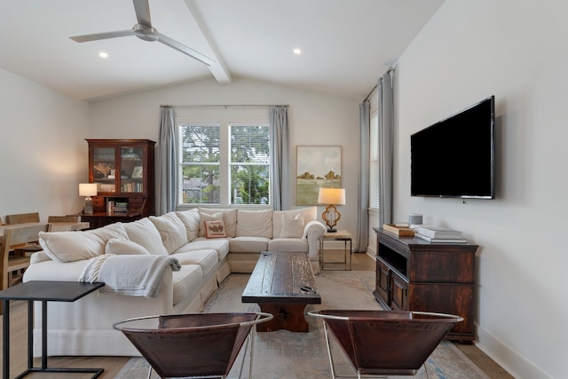 living room featuring a ceiling fan, baseboards, lofted ceiling with beams, and recessed lighting