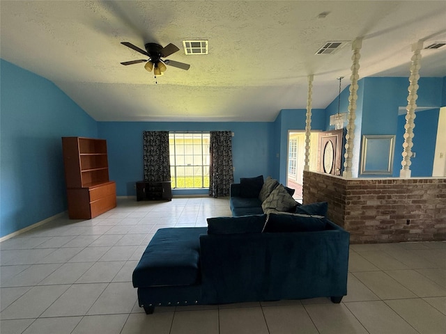 710 Fawnwood Dr, Missouri City, TX 77489 - living room featuring ceiling fan, visible vents, and lofted ceiling
