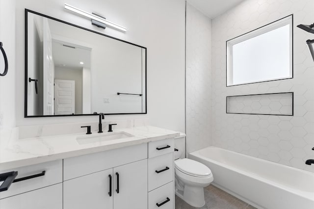 full bath with vanity, washtub / shower combination, toilet, and visible vents