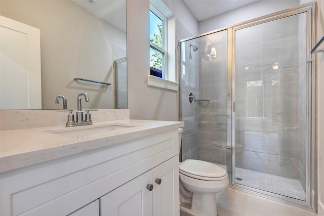 full bath featuring vanity, a shower stall, and toilet