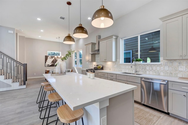 kitchen featuring visible vents, appliances with stainless steel finishes, tasteful backsplash, a sink, and wall chimney exhaust hood