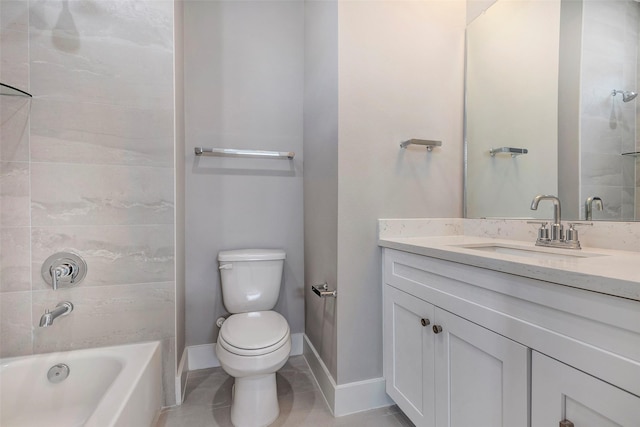 bathroom with tile patterned flooring, shower / tub combination, vanity, baseboards, and toilet